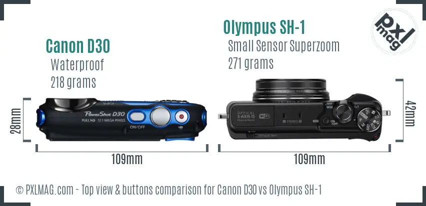 Canon D30 vs Olympus SH-1 top view buttons comparison