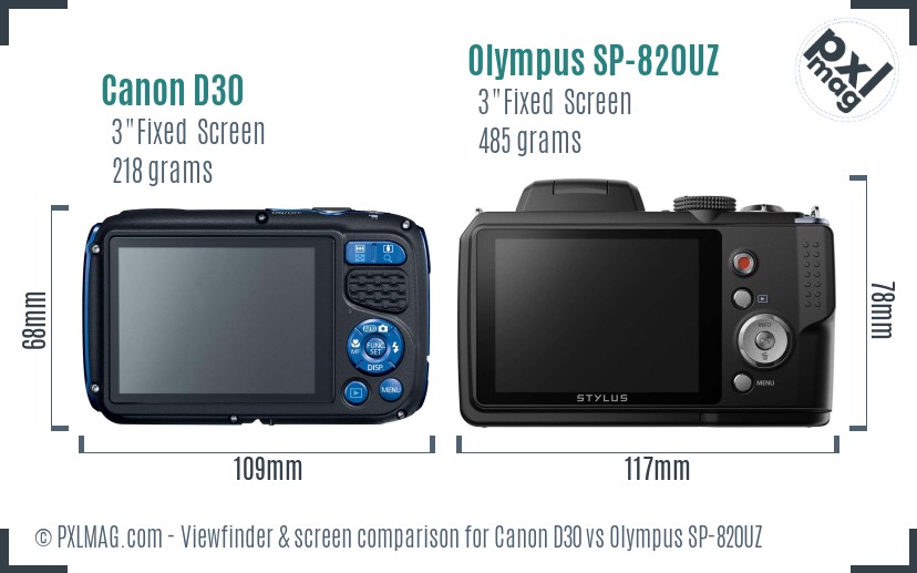 Canon D30 vs Olympus SP-820UZ Screen and Viewfinder comparison