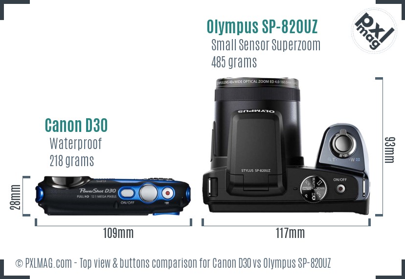 Canon D30 vs Olympus SP-820UZ top view buttons comparison