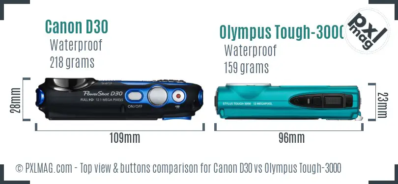 Canon D30 vs Olympus Tough-3000 top view buttons comparison