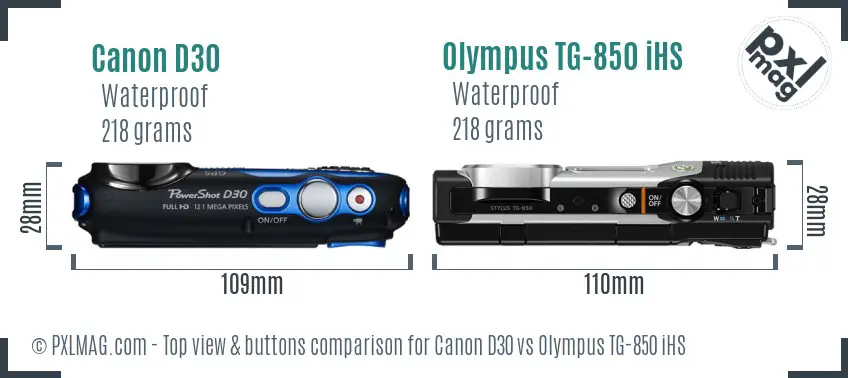 Canon D30 vs Olympus TG-850 iHS top view buttons comparison Canon D30 vs Olympus TG-850 iHS top view buttons comparison