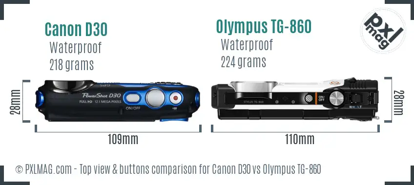 Canon D30 vs Olympus TG-860 top view buttons comparison