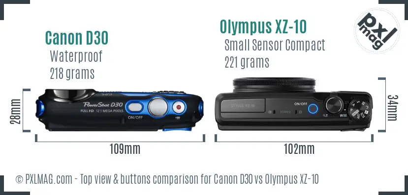 Canon D30 vs Olympus XZ-10 top view buttons comparison