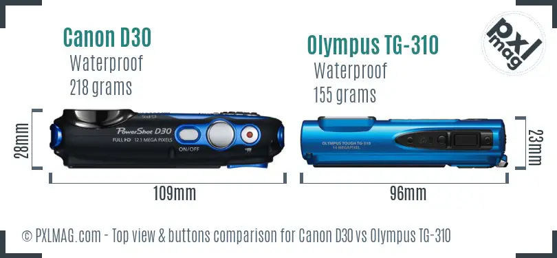 Canon D30 vs Olympus TG-310 top view buttons comparison