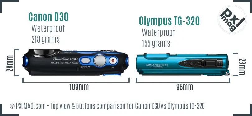 Canon D30 vs Olympus TG-320 top view buttons comparison