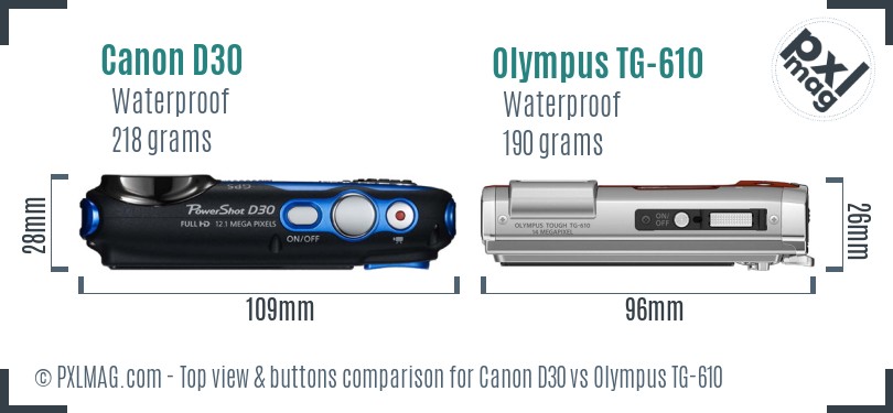 Canon D30 vs Olympus TG-610 top view buttons comparison