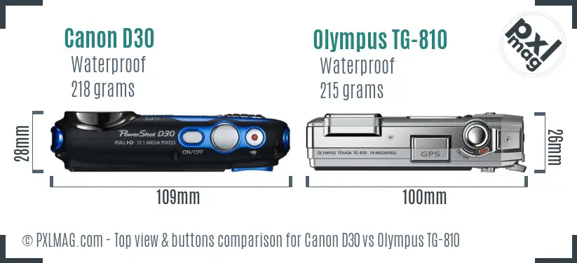 Canon D30 vs Olympus TG-810 top view buttons comparison