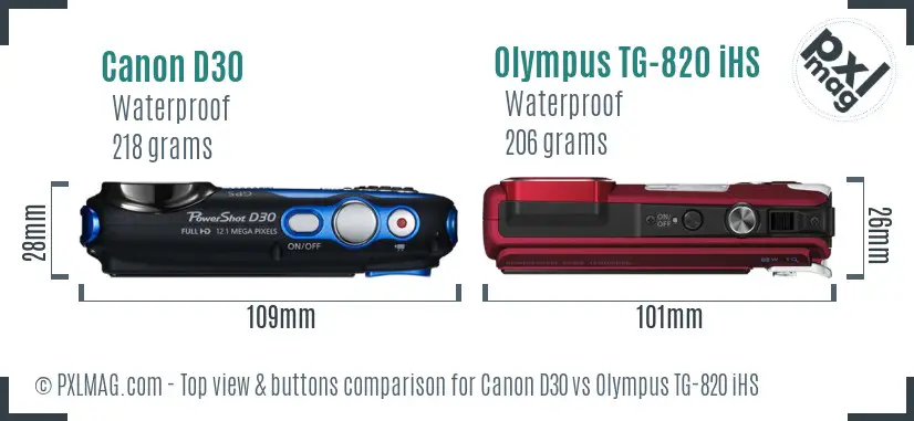 Canon D30 vs Olympus TG-820 iHS top view buttons comparison