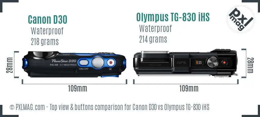 Canon D30 vs Olympus TG-830 iHS top view buttons comparison