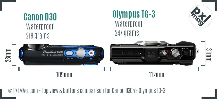 Canon D30 vs Olympus TG-3 top view buttons comparison