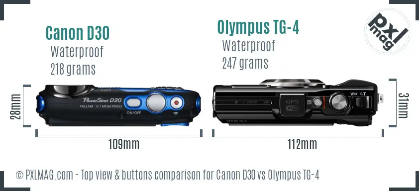 Canon D30 vs Olympus TG-4 top view buttons comparison