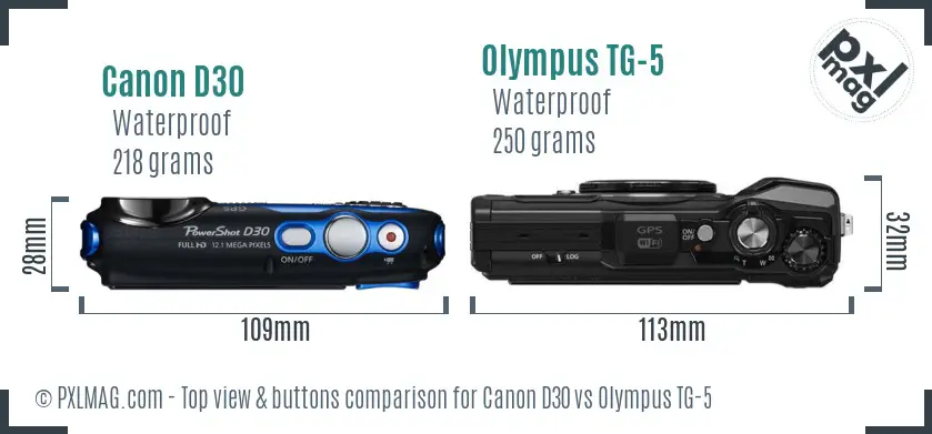Canon D30 vs Olympus TG-5 top view buttons comparison