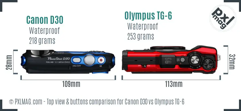 Canon D30 vs Olympus TG-6 top view buttons comparison