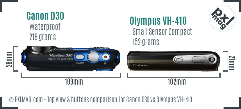 Canon D30 vs Olympus VH-410 top view buttons comparison