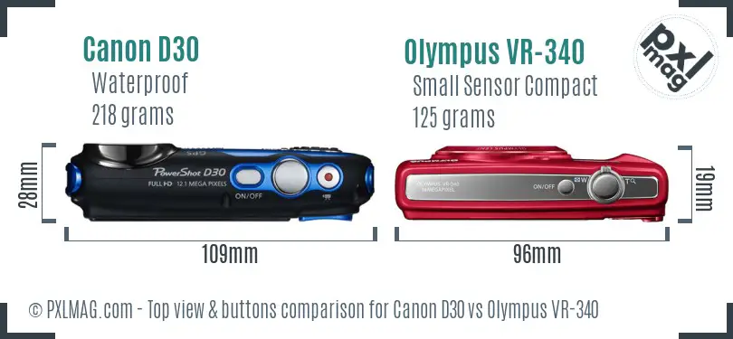 Canon D30 vs Olympus VR-340 top view buttons comparison Canon D30 vs Olympus VR-340 top view buttons comparison