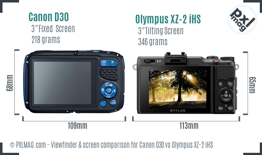 Canon D30 vs Olympus XZ-2 iHS Screen and Viewfinder comparison