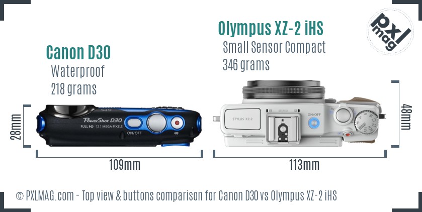 Canon D30 vs Olympus XZ-2 iHS top view buttons comparison