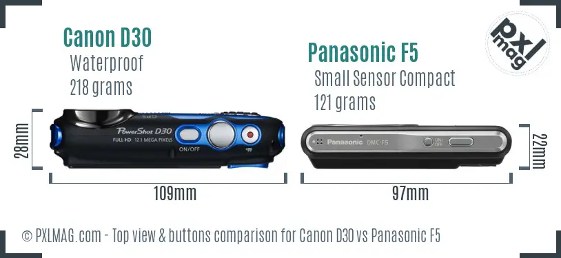 Canon D30 vs Panasonic F5 top view buttons comparison