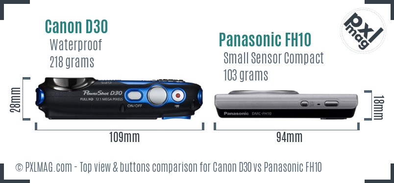 Canon D30 vs Panasonic FH10 top view buttons comparison