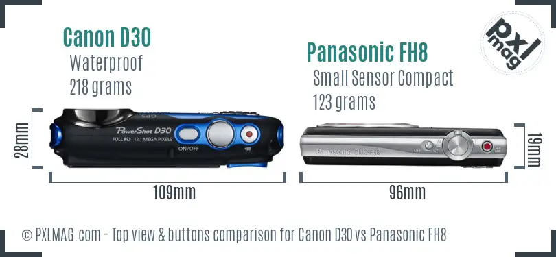 Canon D30 vs Panasonic FH8 top view buttons comparison
