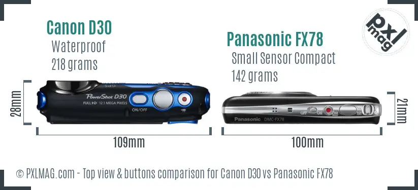 Canon D30 vs Panasonic FX78 top view buttons comparison