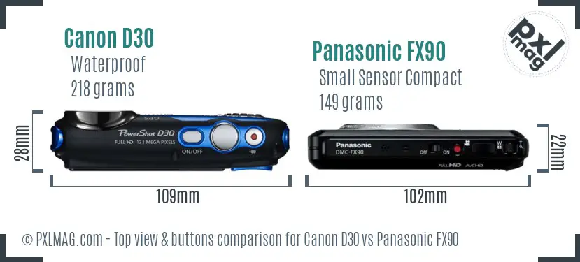 Canon D30 vs Panasonic FX90 top view buttons comparison Canon D30 vs Panasonic FX90 top view buttons comparison