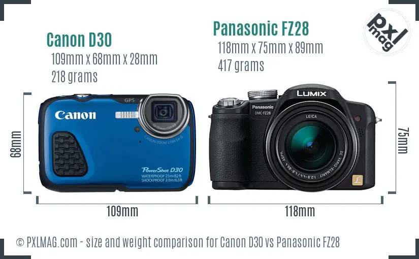 Canon D30 vs Panasonic FZ28 size comparison