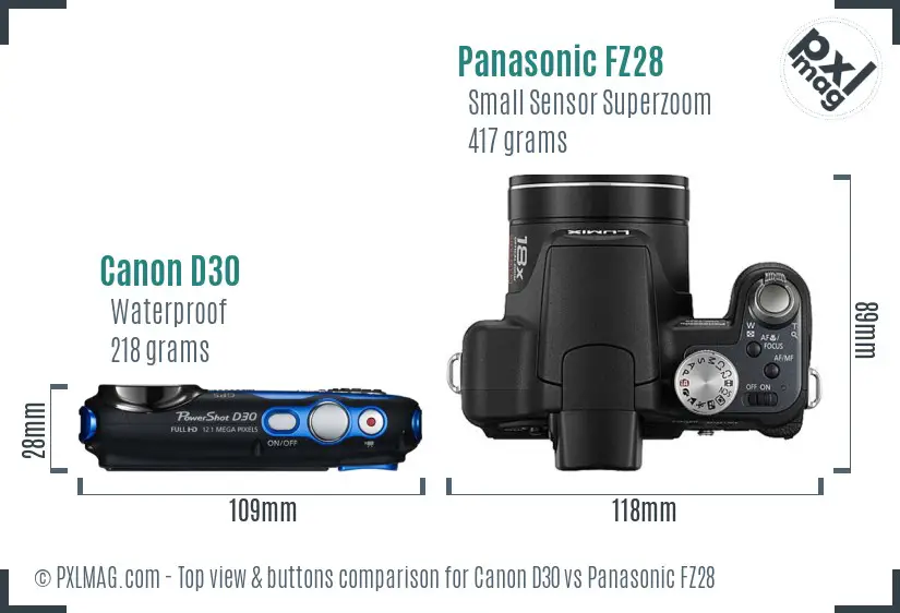 Canon D30 vs Panasonic FZ28 top view buttons comparison