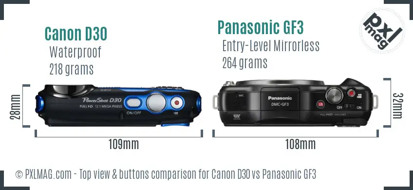 Canon D30 vs Panasonic GF3 top view buttons comparison