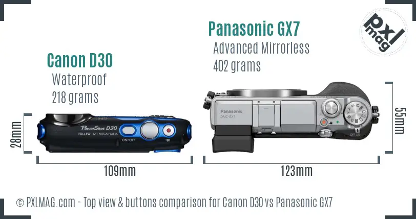 Canon D30 vs Panasonic GX7 top view buttons comparison
