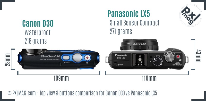 Canon D30 vs Panasonic LX5 top view buttons comparison