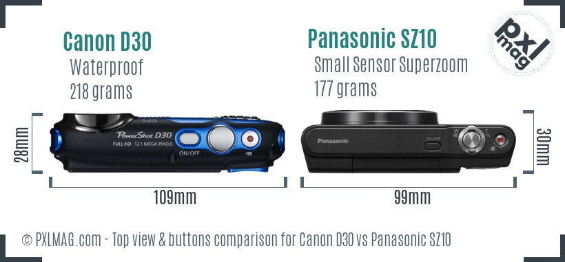 Canon D30 vs Panasonic SZ10 top view buttons comparison