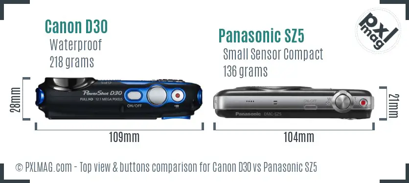 Canon D30 vs Panasonic SZ5 top view buttons comparison