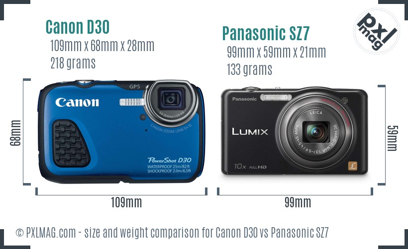 Canon D30 vs Panasonic SZ7 size comparison