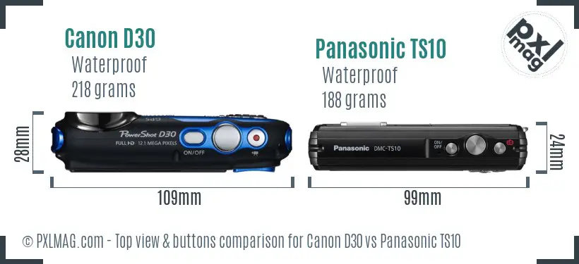 Canon D30 vs Panasonic TS10 top view buttons comparison Canon D30 vs Panasonic TS10 top view buttons comparison