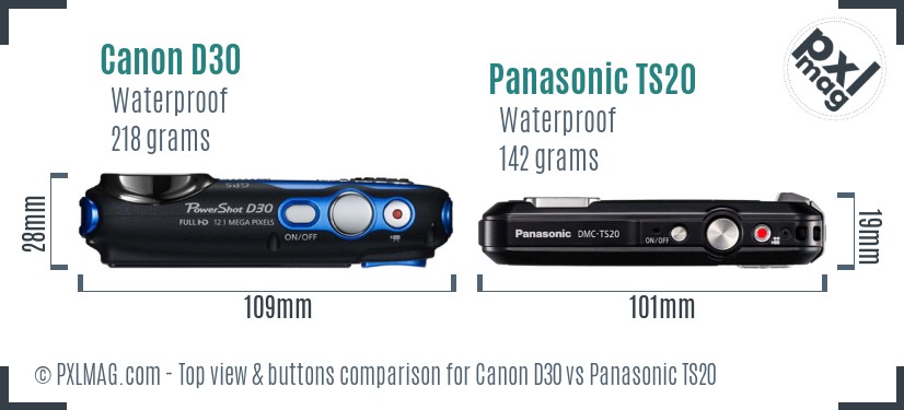 Canon D30 vs Panasonic TS20 top view buttons comparison