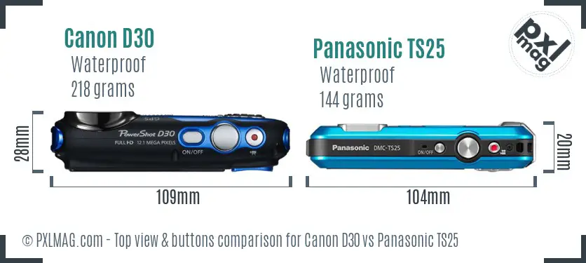 Canon D30 vs Panasonic TS25 top view buttons comparison