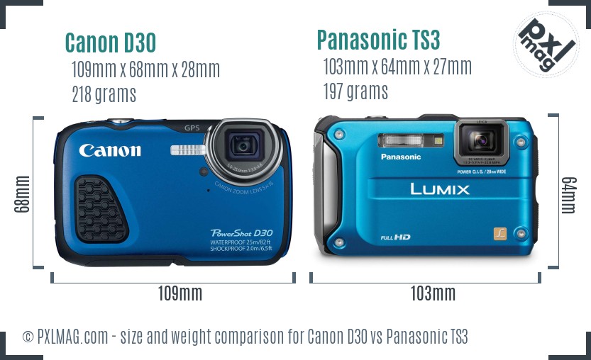 Canon D30 vs Panasonic TS3 size comparison