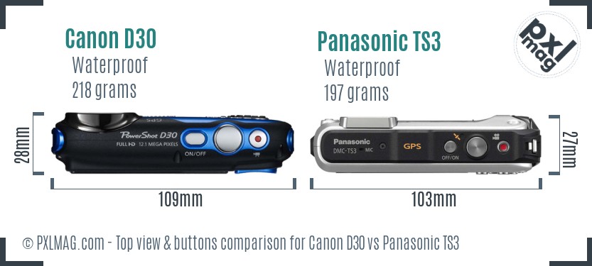 Canon D30 vs Panasonic TS3 top view buttons comparison