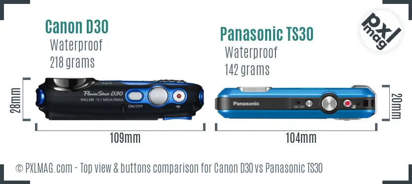 Canon D30 vs Panasonic TS30 top view buttons comparison