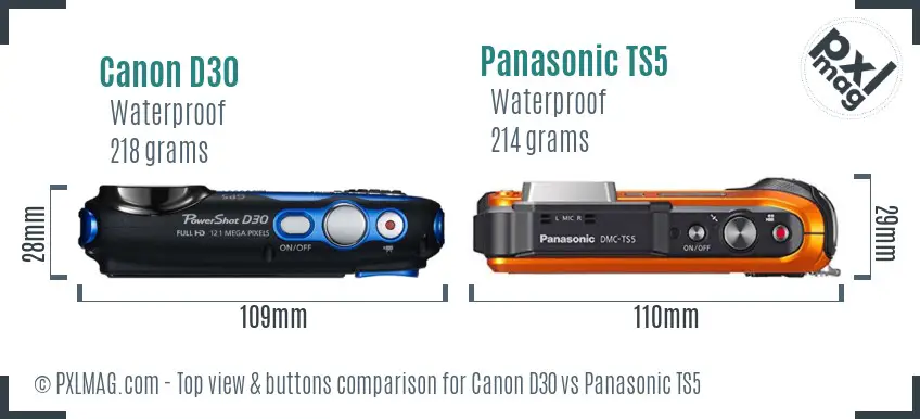 Canon D30 vs Panasonic TS5 top view buttons comparison