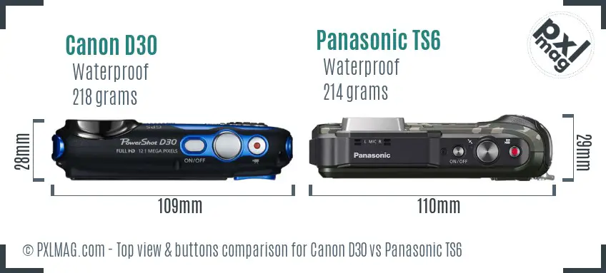 Canon D30 vs Panasonic TS6 top view buttons comparison