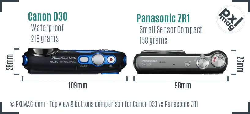 Canon D30 vs Panasonic ZR1 top view buttons comparison