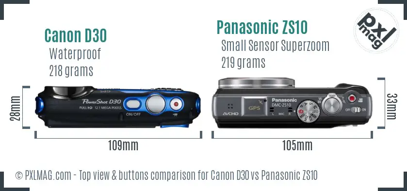 Canon D30 vs Panasonic ZS10 top view buttons comparison