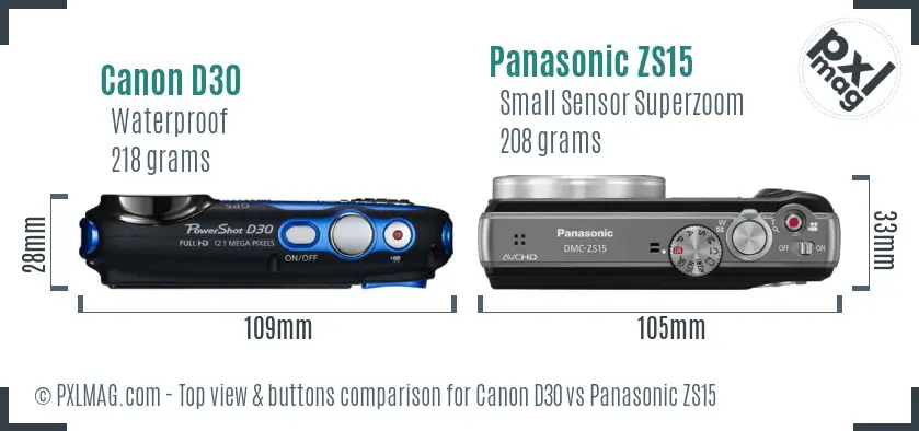 Canon D30 vs Panasonic ZS15 top view buttons comparison