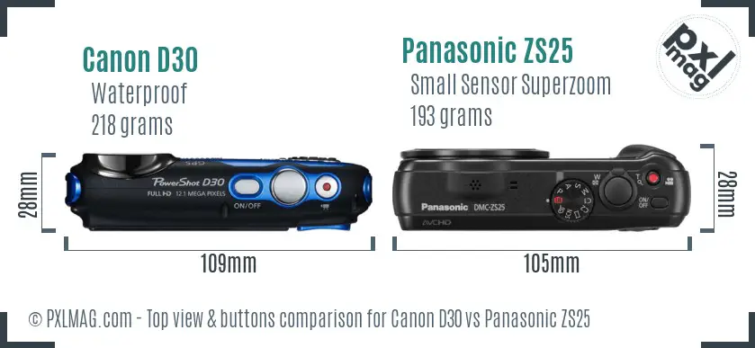 Canon D30 vs Panasonic ZS25 top view buttons comparison Canon D30 vs Panasonic ZS25 top view buttons comparison