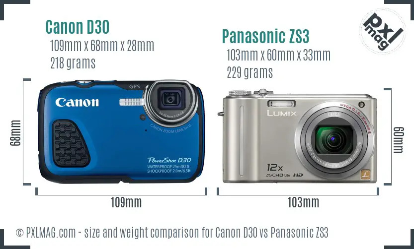 Canon D30 vs Panasonic ZS3 size comparison