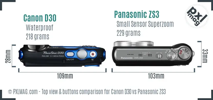 Canon D30 vs Panasonic ZS3 top view buttons comparison