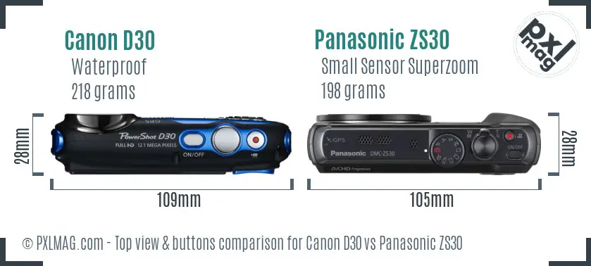 Canon D30 vs Panasonic ZS30 top view buttons comparison