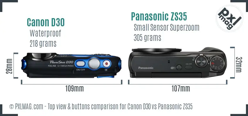 Canon D30 vs Panasonic ZS35 top view buttons comparison